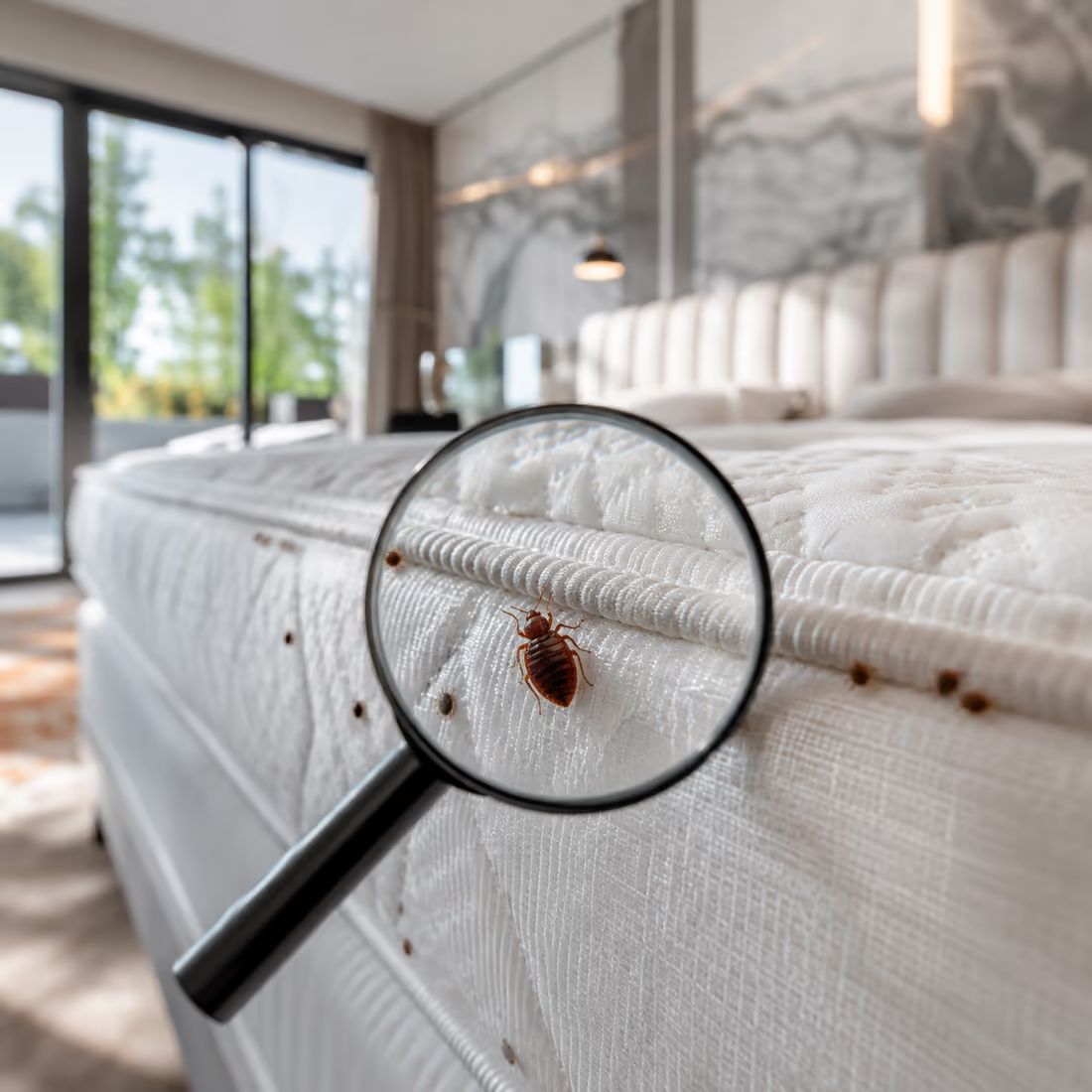 Punaise de lit et traces noires sur les coutures d'un matelas, observées à la loupe — signes typiques d'une infestation