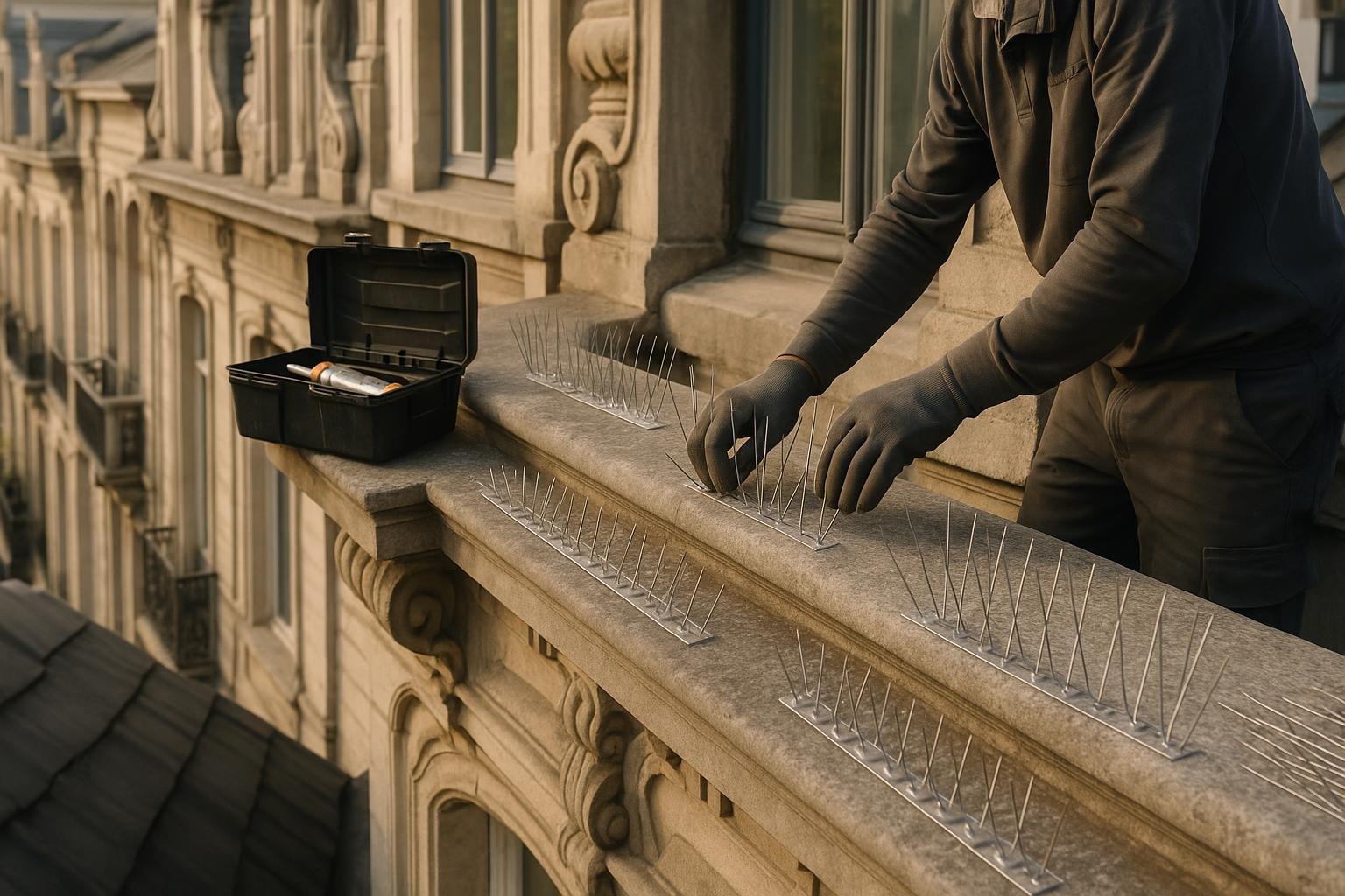 Installation de pics anti-pigeons sur une façade bruxelloise par Pestik