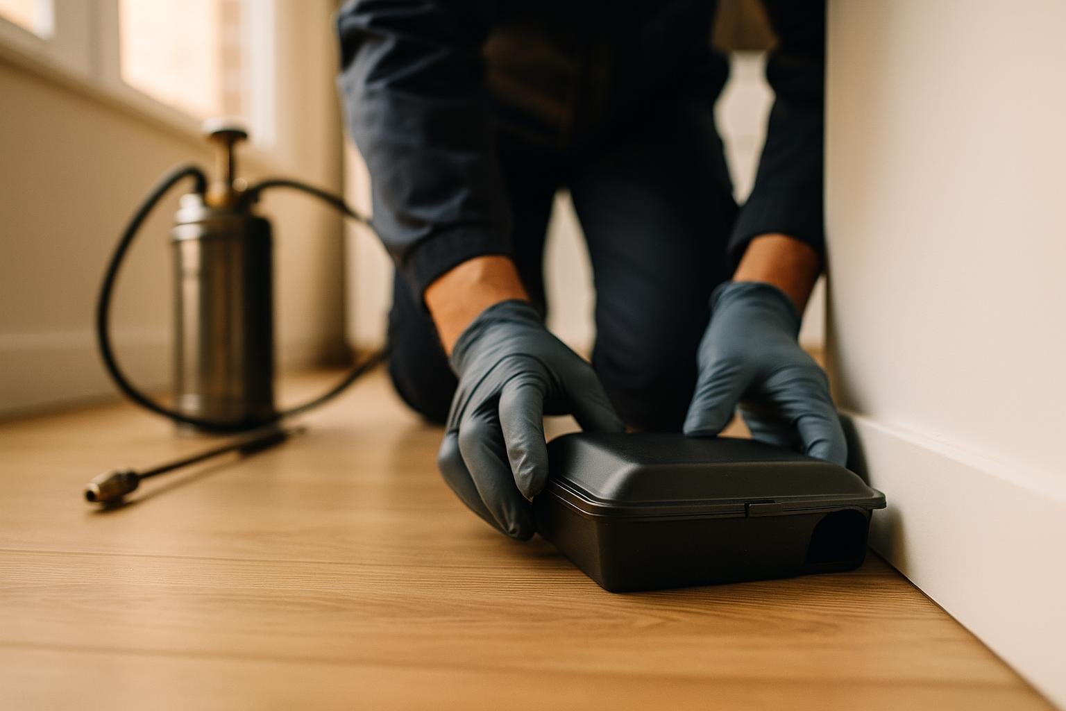 Pose d'une boîte d'appât anti-rongeurs par un technicien Pestik à Bruxelles